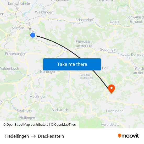 Hedelfingen to Drackenstein map