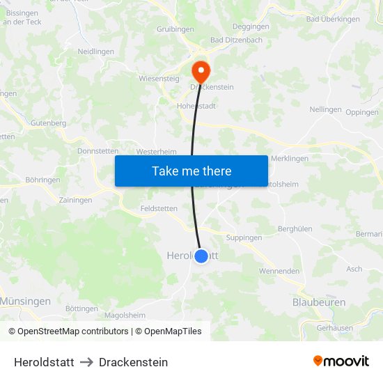 Heroldstatt to Drackenstein map