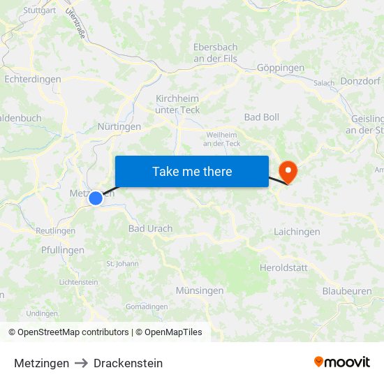 Metzingen to Drackenstein map