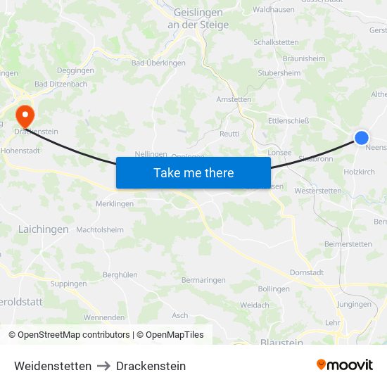 Weidenstetten to Drackenstein map