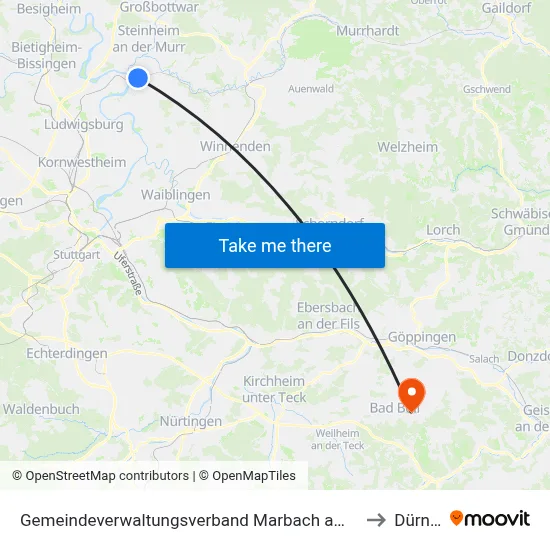 Gemeindeverwaltungsverband Marbach am Neckar to Dürnau map