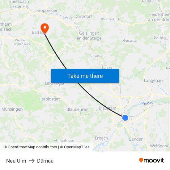 Neu-Ulm to Dürnau map
