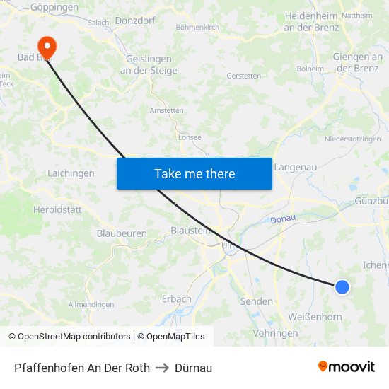Pfaffenhofen An Der Roth to Dürnau map
