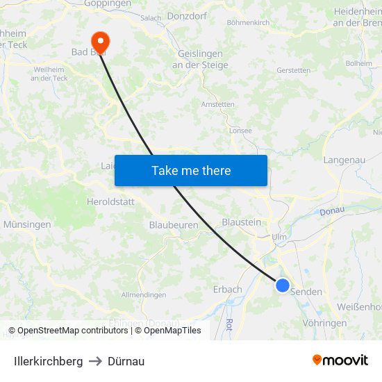 Illerkirchberg to Dürnau map