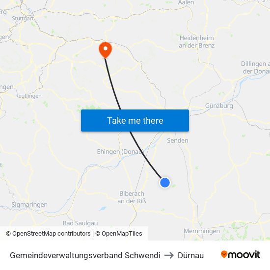 Gemeindeverwaltungsverband Schwendi to Dürnau map