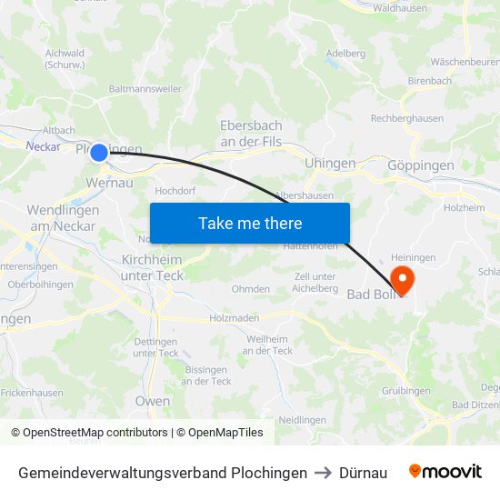 Gemeindeverwaltungsverband Plochingen to Dürnau map