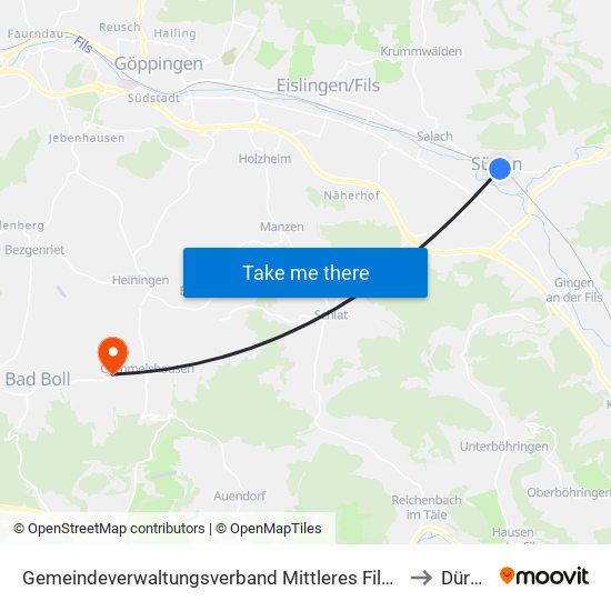 Gemeindeverwaltungsverband Mittleres Fils-Lautertal to Dürnau map