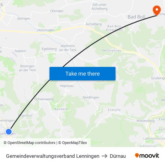 Gemeindeverwaltungsverband Lenningen to Dürnau map