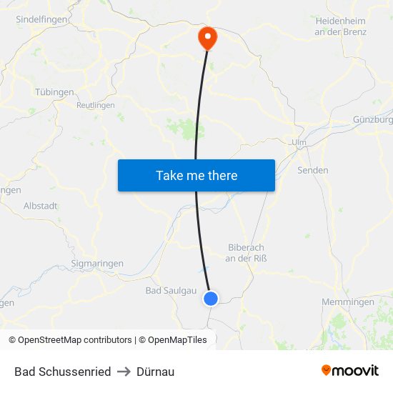 Bad Schussenried to Dürnau map
