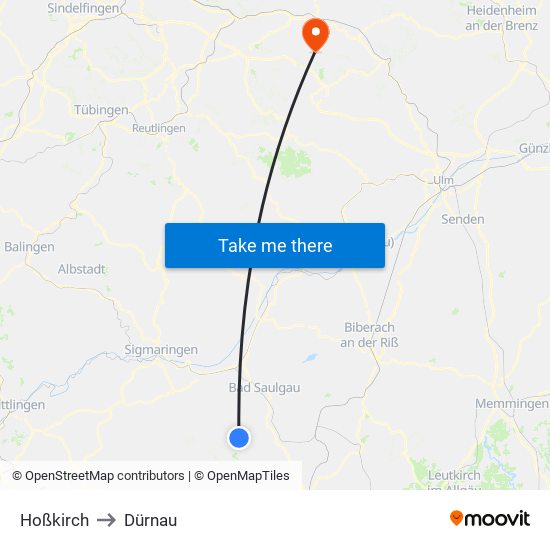 Hoßkirch to Dürnau map