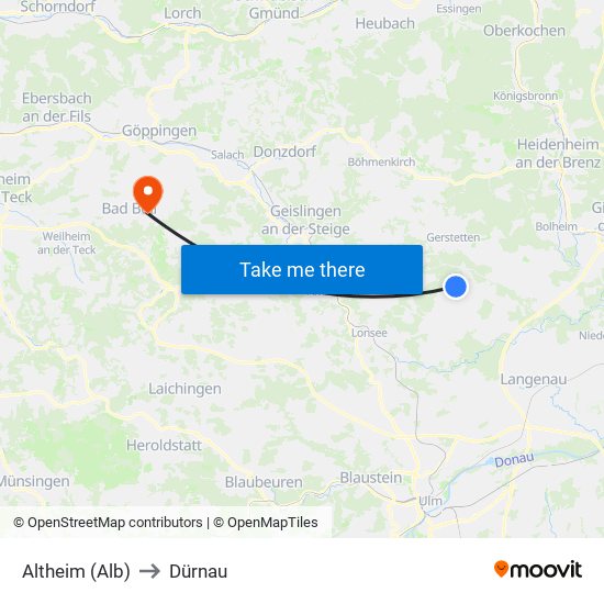 Altheim (Alb) to Dürnau map