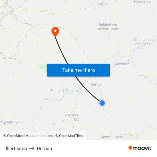 Illertissen to Dürnau map