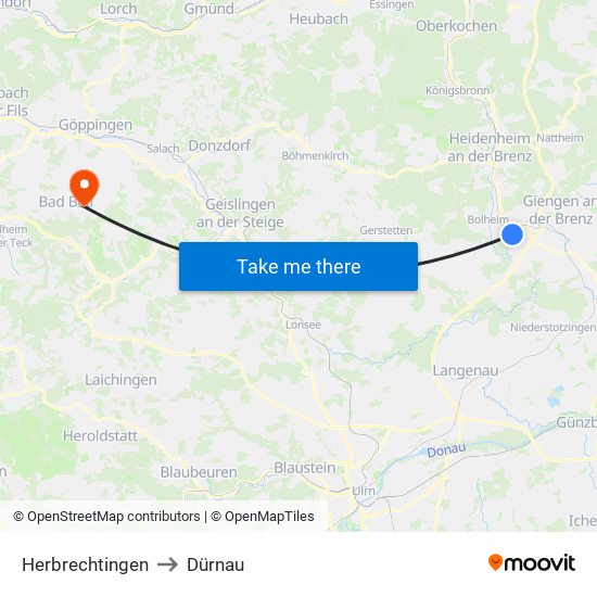 Herbrechtingen to Dürnau map