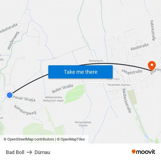 Bad Boll to Dürnau map
