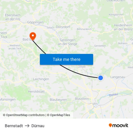 Bernstadt to Dürnau map