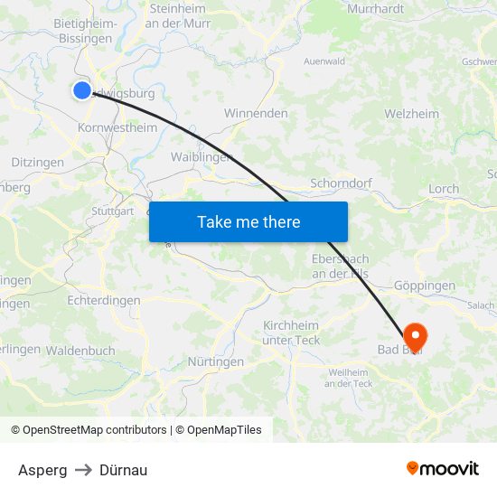 Asperg to Dürnau map