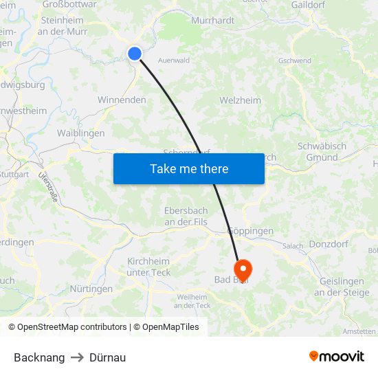 Backnang to Dürnau map