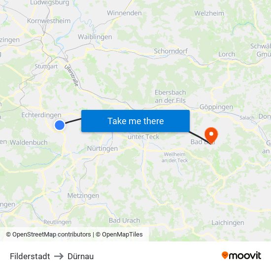 Filderstadt to Dürnau map