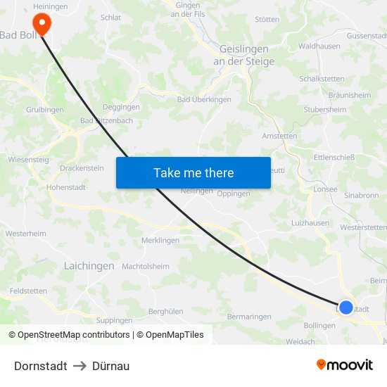 Dornstadt to Dürnau map