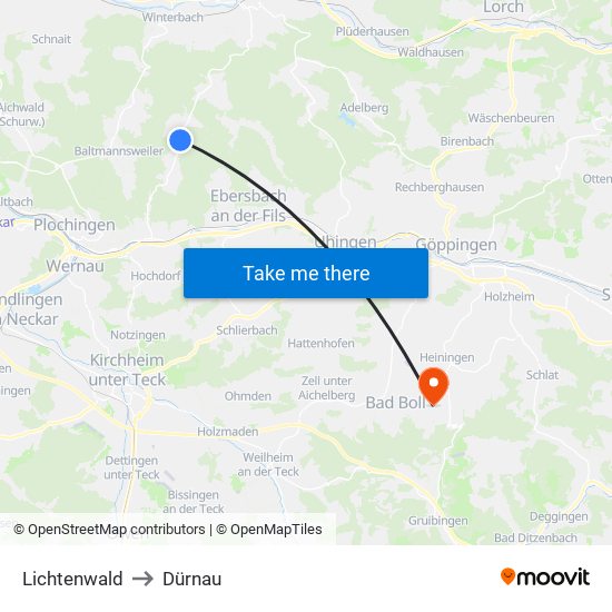 Lichtenwald to Dürnau map