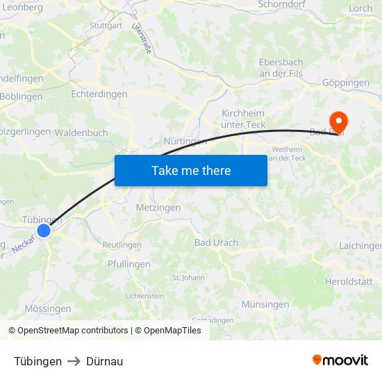Tübingen to Dürnau map