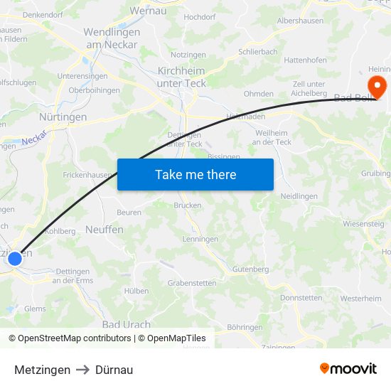 Metzingen to Dürnau map