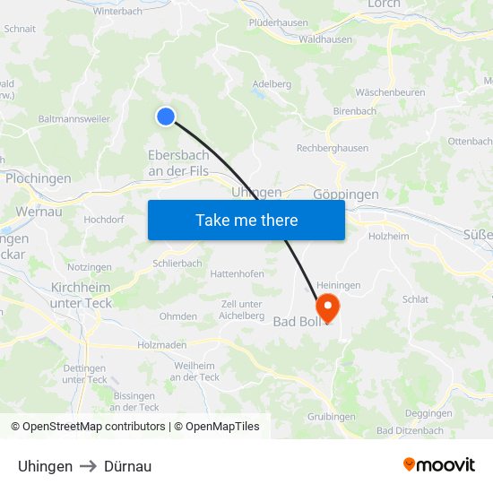 Uhingen to Dürnau map