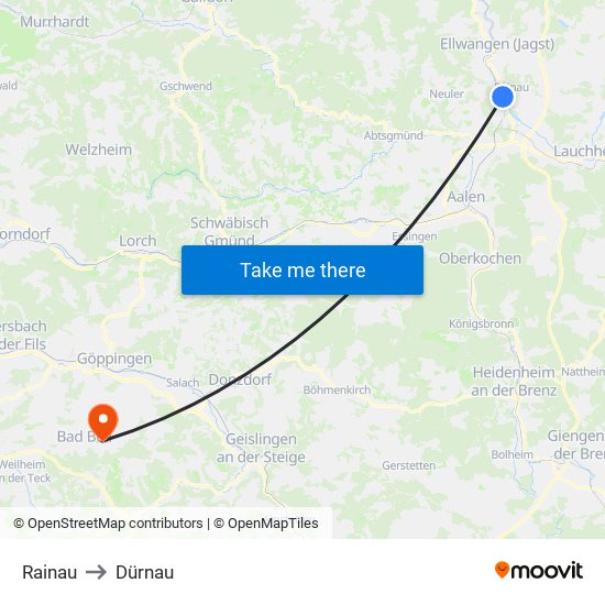 Rainau to Dürnau map