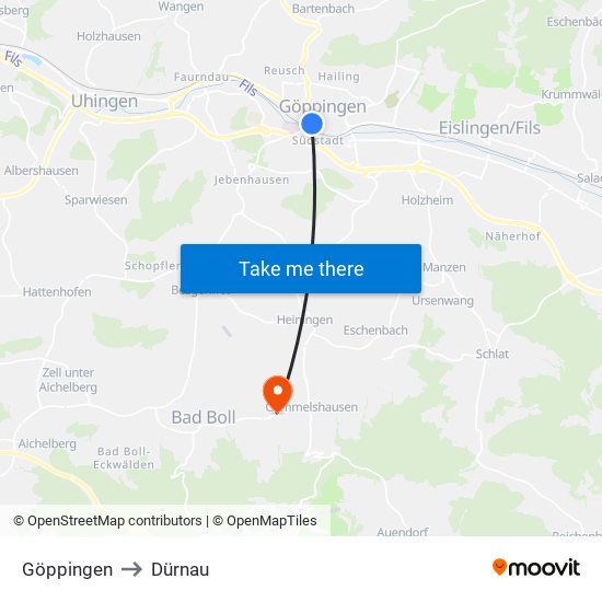 Göppingen to Dürnau map
