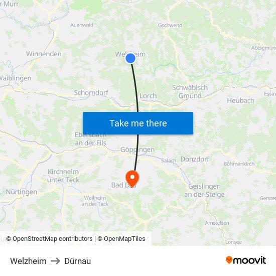 Welzheim to Dürnau map