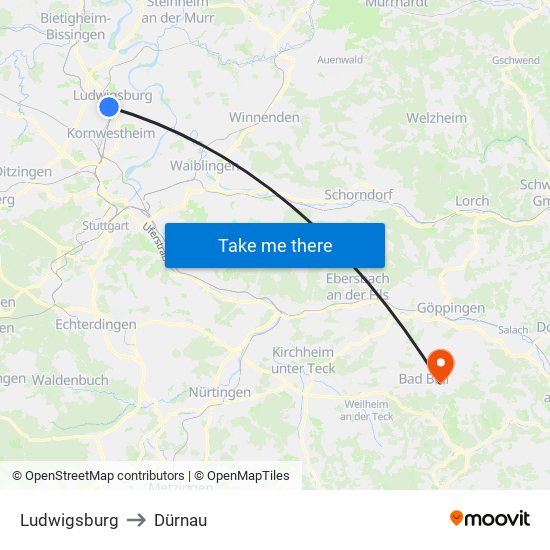 Ludwigsburg to Dürnau map
