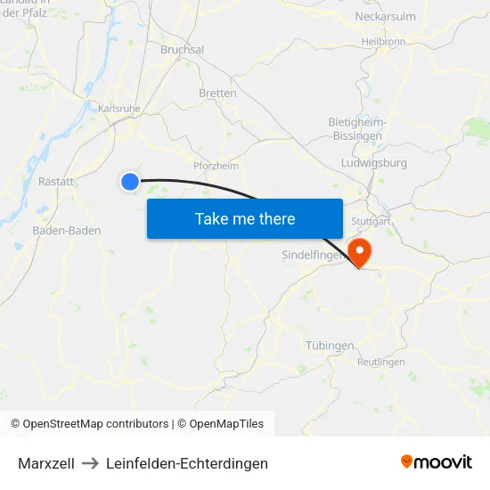 Marxzell to Leinfelden-Echterdingen map