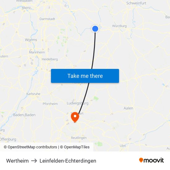 Wertheim to Leinfelden-Echterdingen map