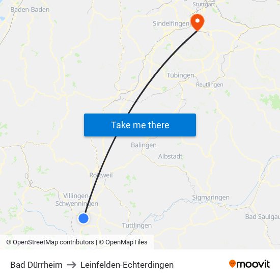 Bad Dürrheim to Leinfelden-Echterdingen map