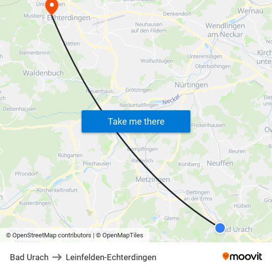 Bad Urach to Leinfelden-Echterdingen map