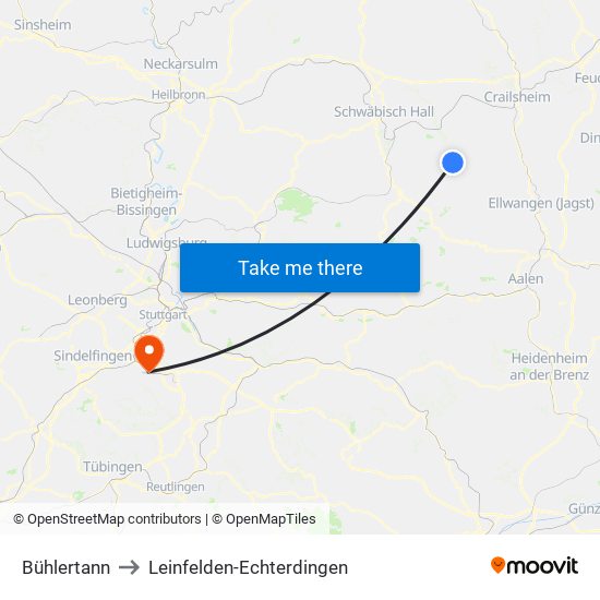 Bühlertann to Leinfelden-Echterdingen map