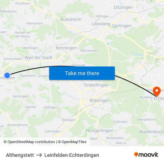 Althengstett to Leinfelden-Echterdingen map