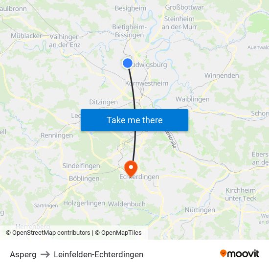 Asperg to Leinfelden-Echterdingen map
