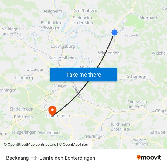 Backnang to Leinfelden-Echterdingen map