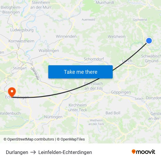Durlangen to Leinfelden-Echterdingen map