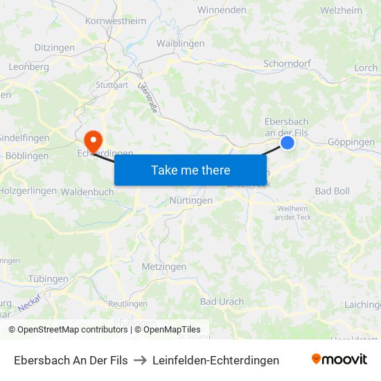 Ebersbach An Der Fils to Leinfelden-Echterdingen map