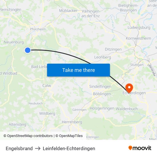 Engelsbrand to Leinfelden-Echterdingen map