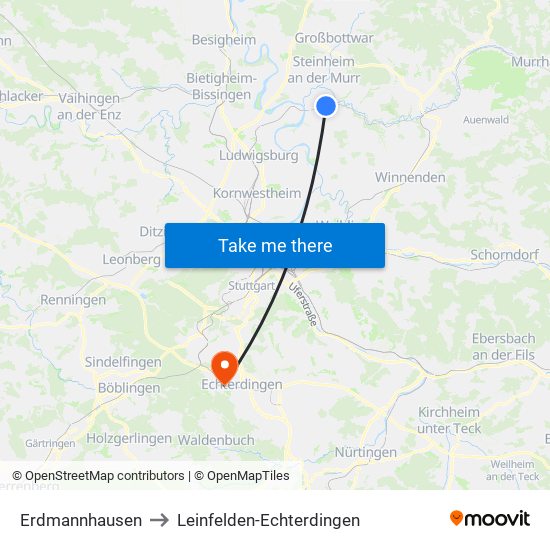 Erdmannhausen to Leinfelden-Echterdingen map
