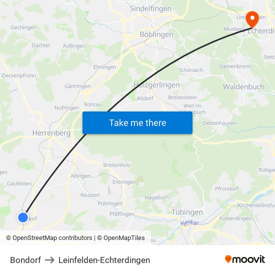 Bondorf to Leinfelden-Echterdingen map