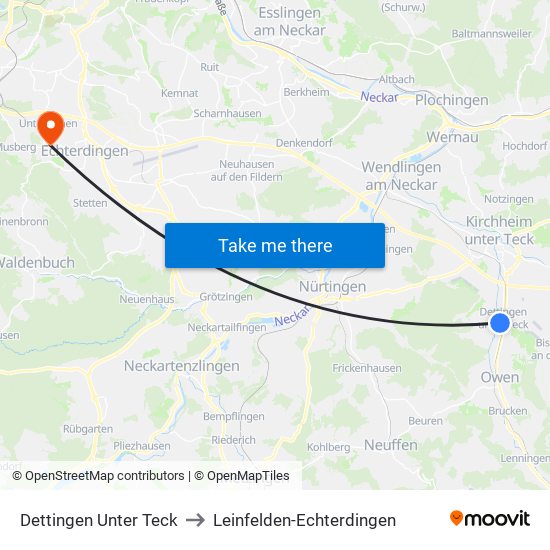 Dettingen Unter Teck to Leinfelden-Echterdingen map