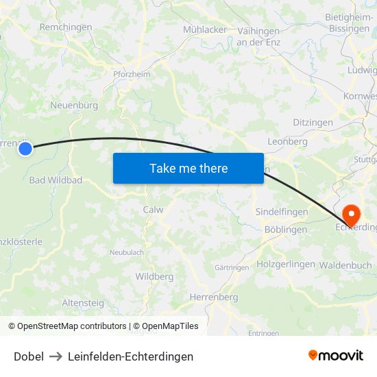 Dobel to Leinfelden-Echterdingen map