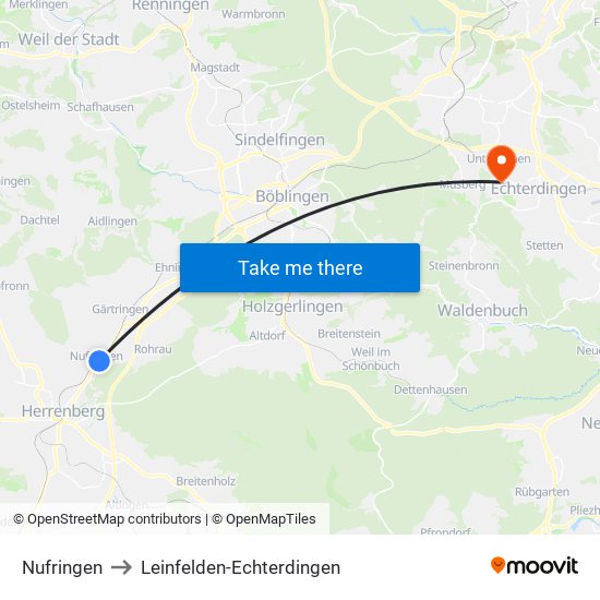 Nufringen to Leinfelden-Echterdingen map