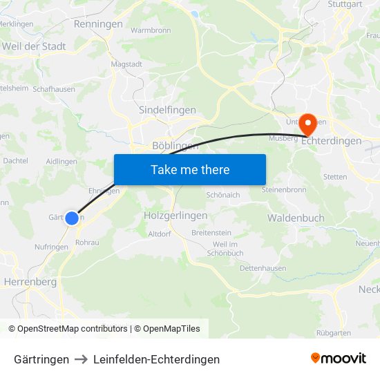 Gärtringen to Leinfelden-Echterdingen map