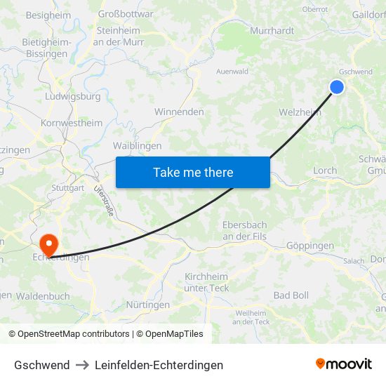 Gschwend to Leinfelden-Echterdingen map