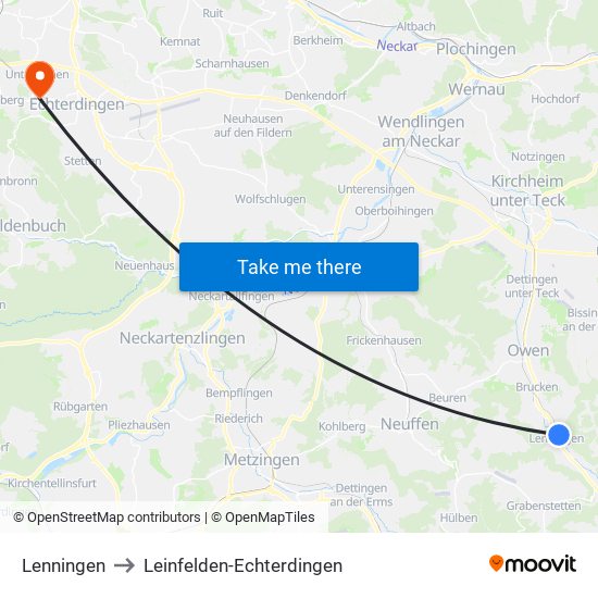 Lenningen to Leinfelden-Echterdingen map
